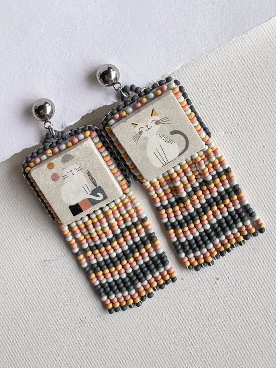 Handmade Jewelry - Handmade Ceramic Cat Fringe Earrings Beaded Statement Dangles